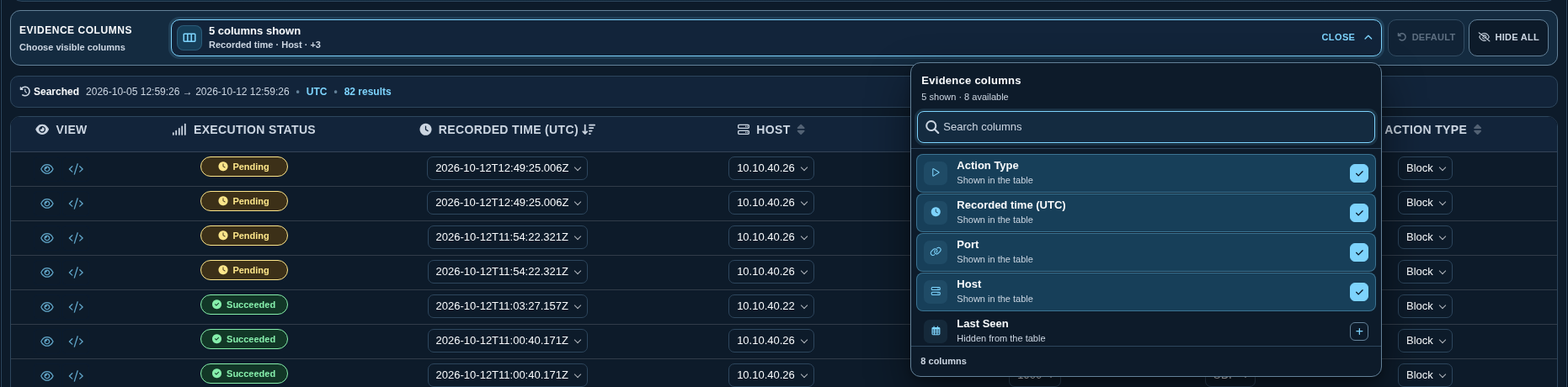Evidence columns menu