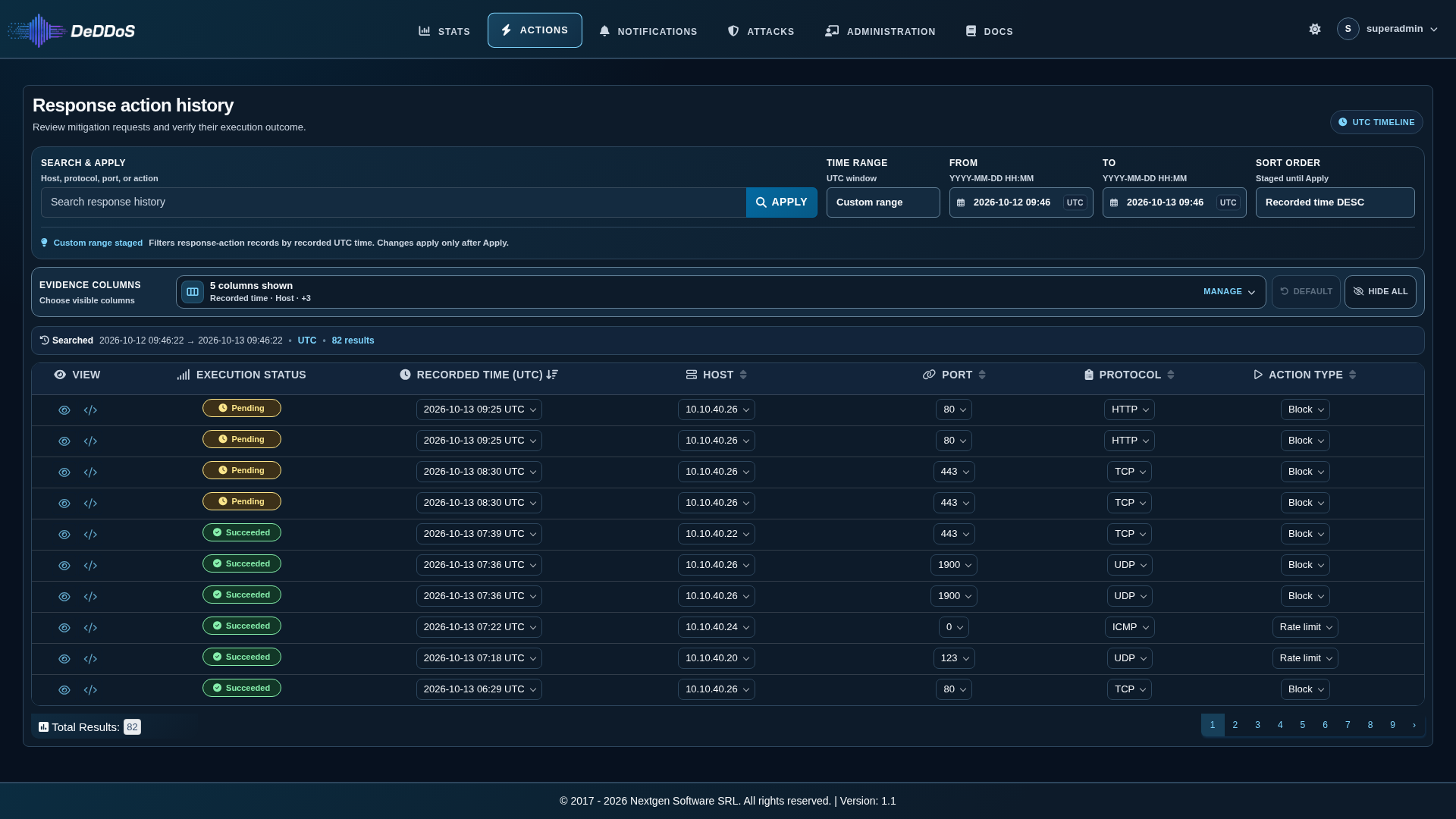 Actions page main view