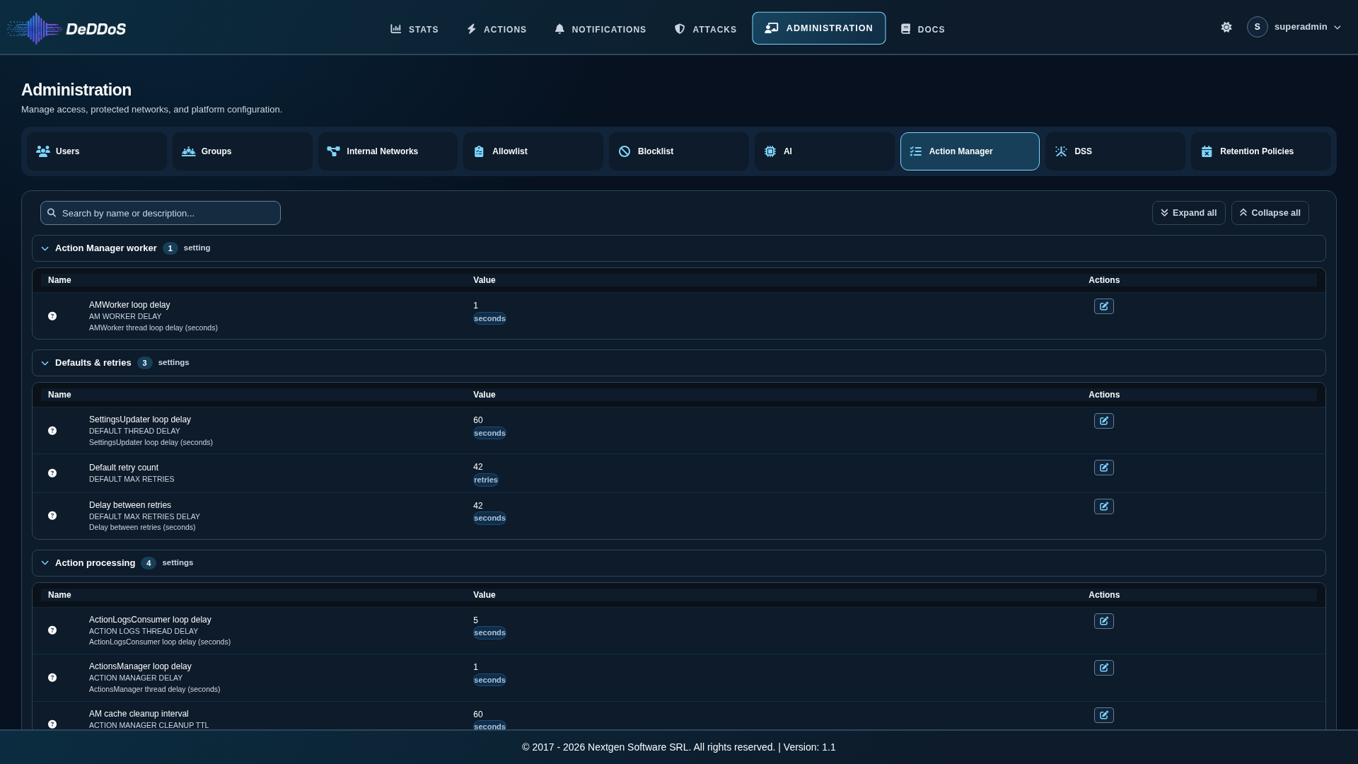 Action Manager settings page
