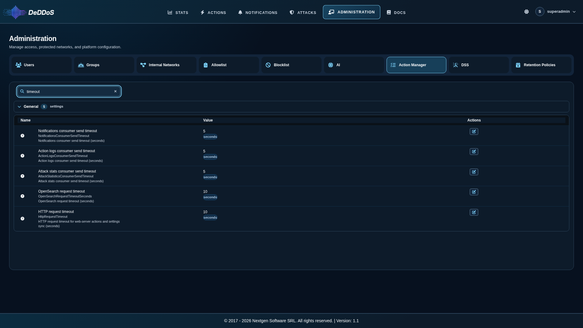 Action Manager settings filtered by &ldquo;timeout&rdquo;