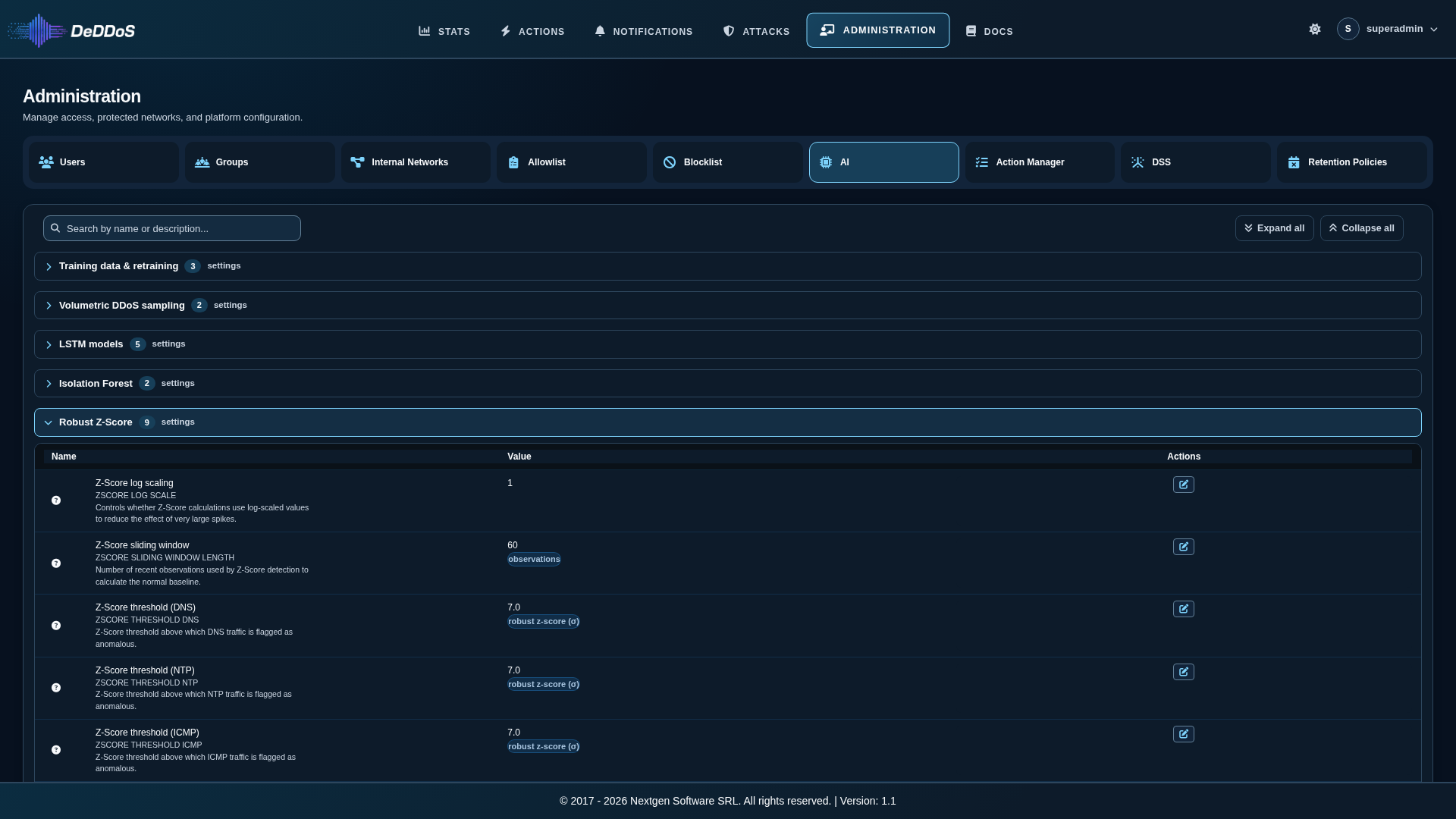 AI settings with all groups collapsed except Robust Z-Score