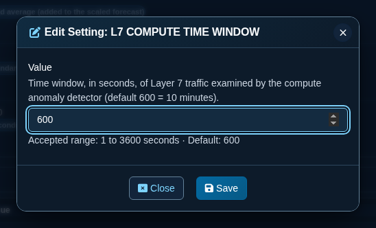 Edit Setting dialog for L7_COMPUTE_TIME_WINDOW with its range hint