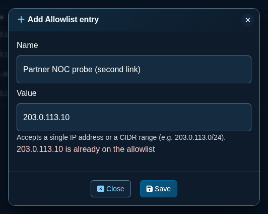 Duplicate value in the Add Allowlist entry dialog