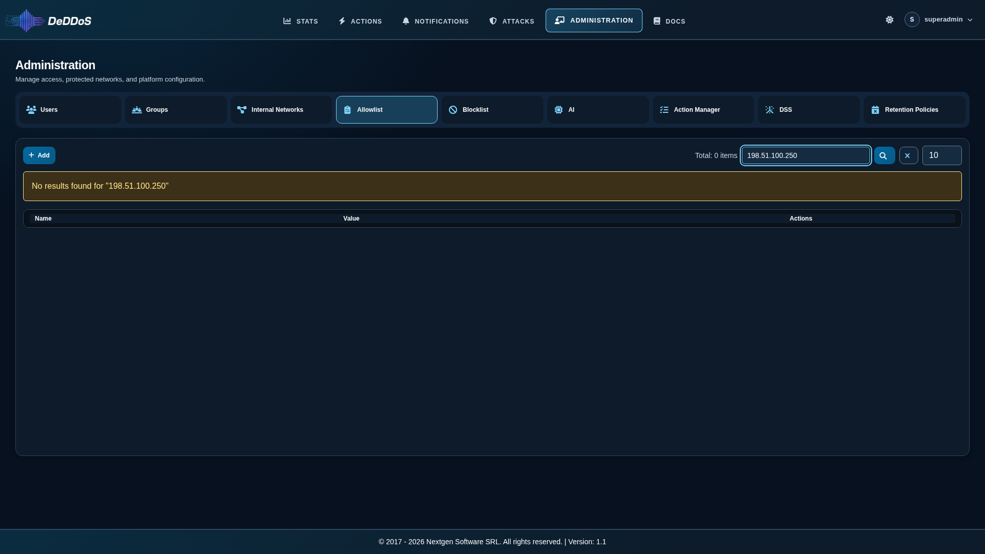 Allowlist search with no results