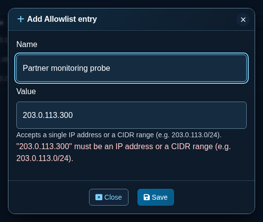 Value format hint in the Add Allowlist entry dialog