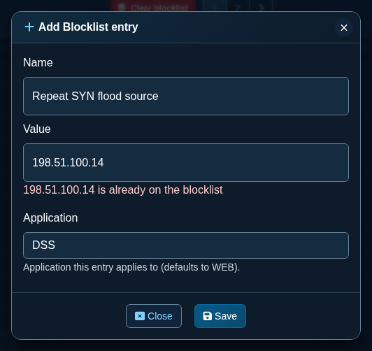 Duplicate address in the Add Blocklist entry dialog