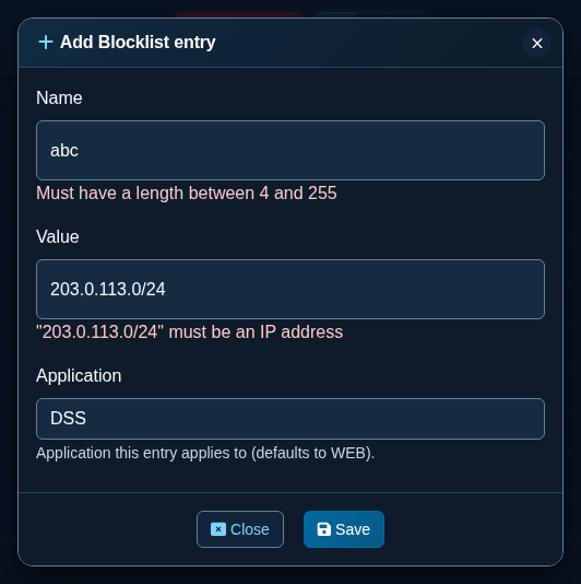 Validation errors in the Add Blocklist entry dialog