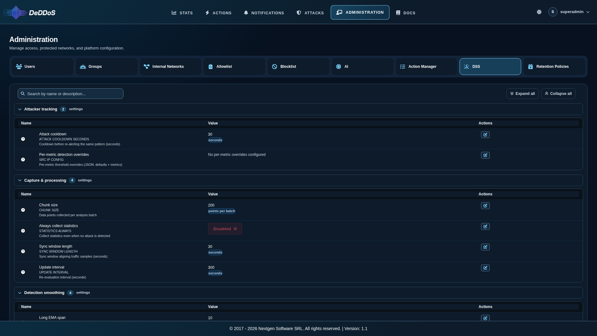 DSS Settings main view