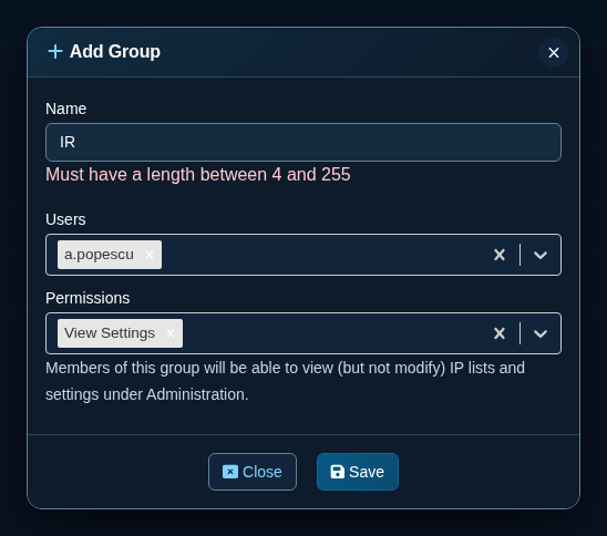 Add Group form with a validation error