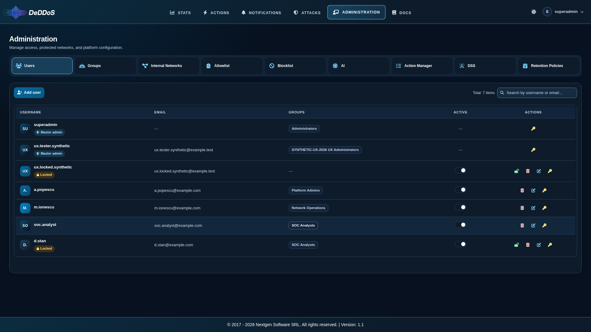 Administration page with the Users tab open