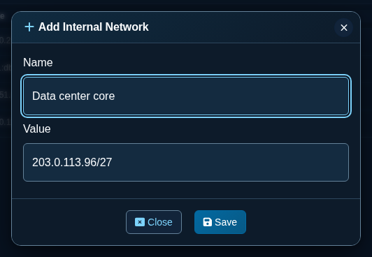 Add Internal Network dialog