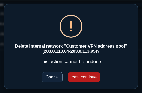 Delete internal network confirmation