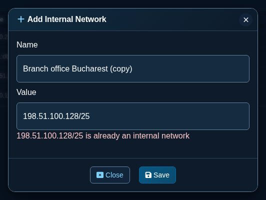 Duplicate value in the Add Internal Network dialog