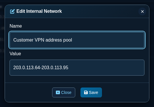 Edit Internal Network dialog