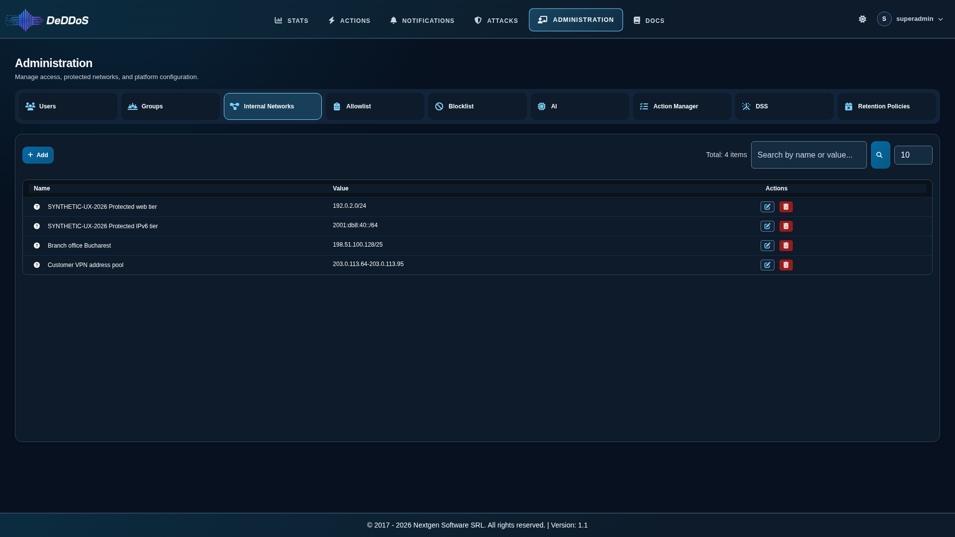 Internal Networks main view