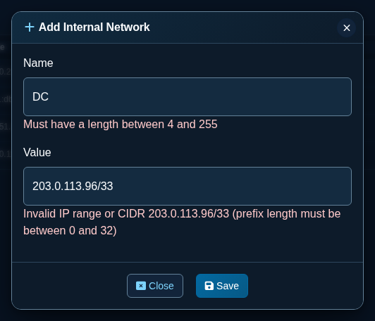 Validation errors in the Add Internal Network dialog