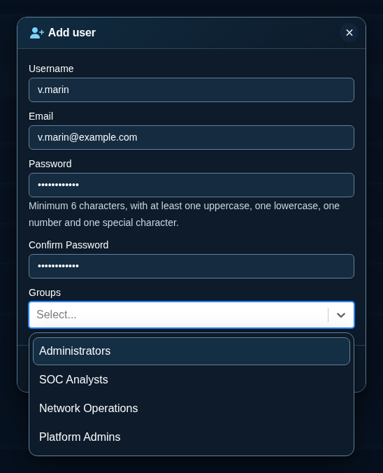 Groups list in the Add user form
