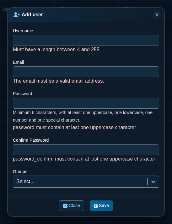 Add user form with validation errors