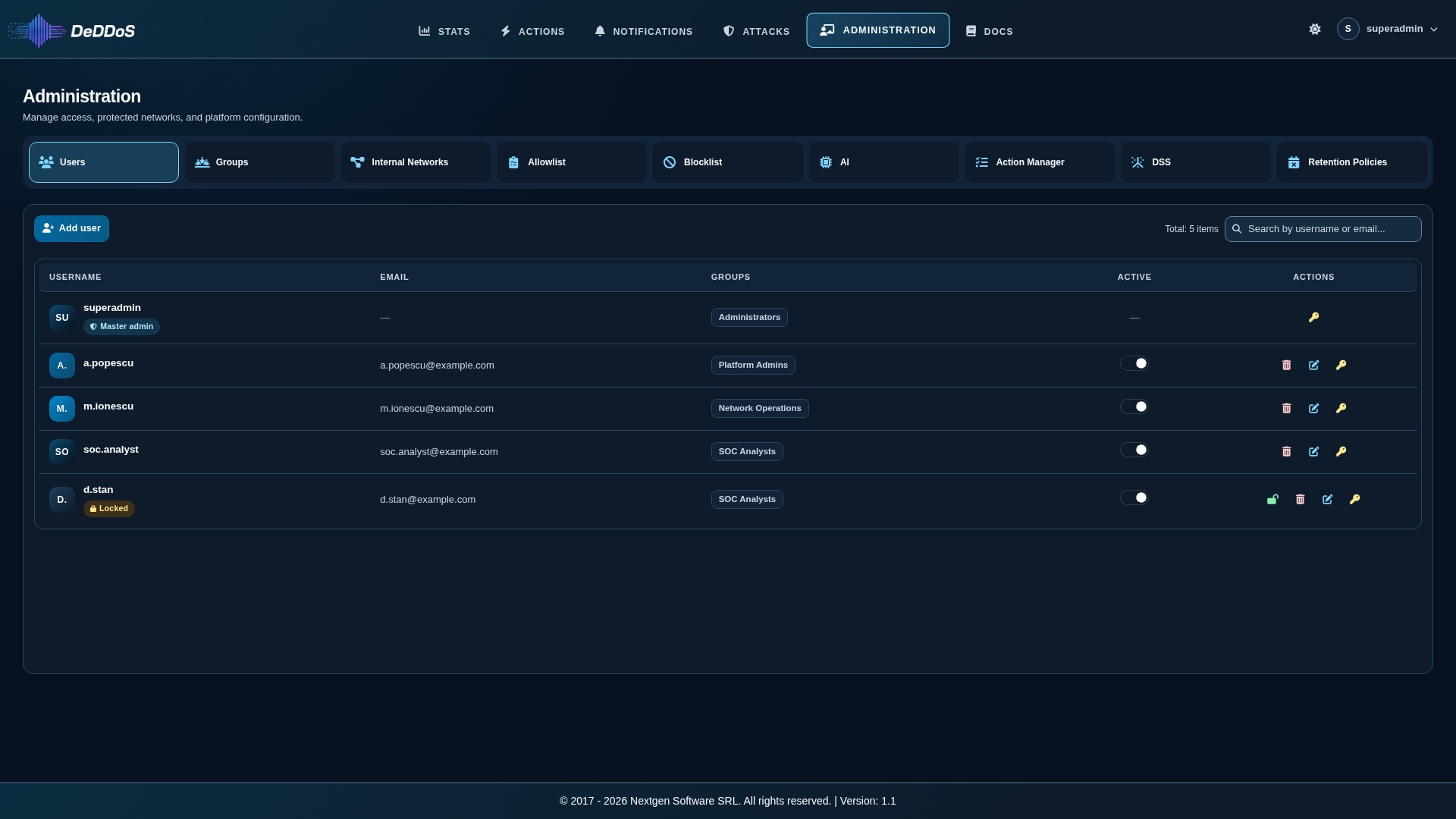 Users page main view