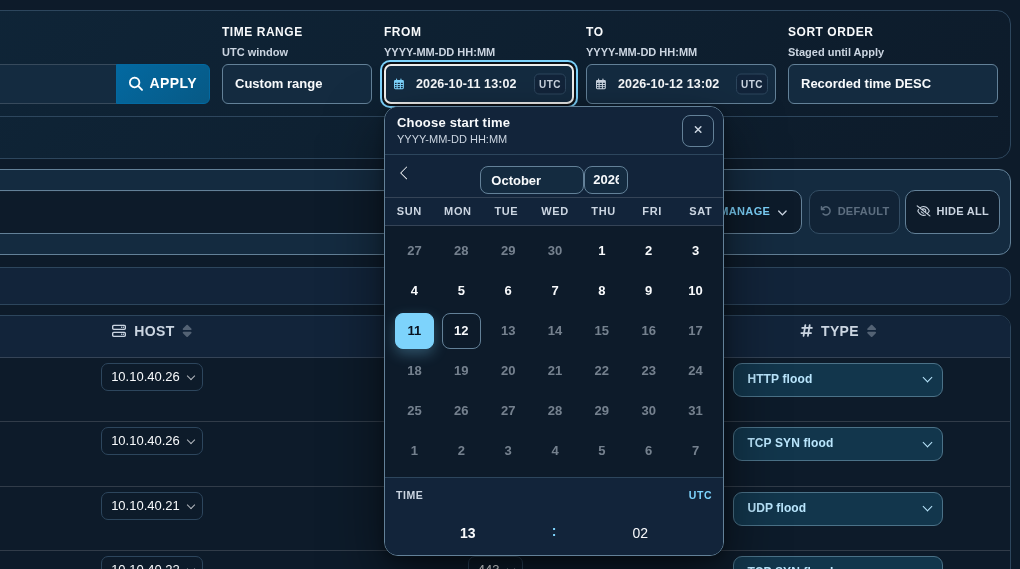 Custom range with the start-time calendar open