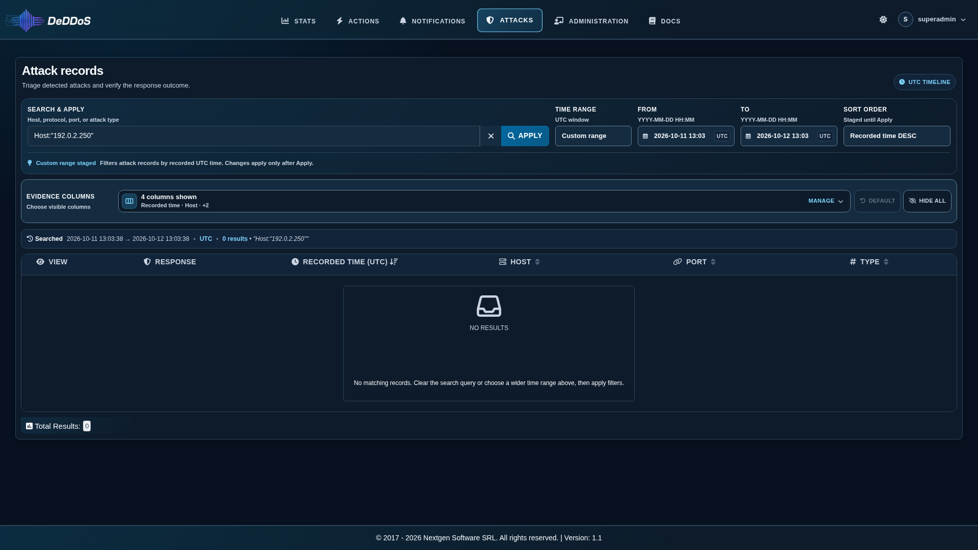 Attacks page with no matching records