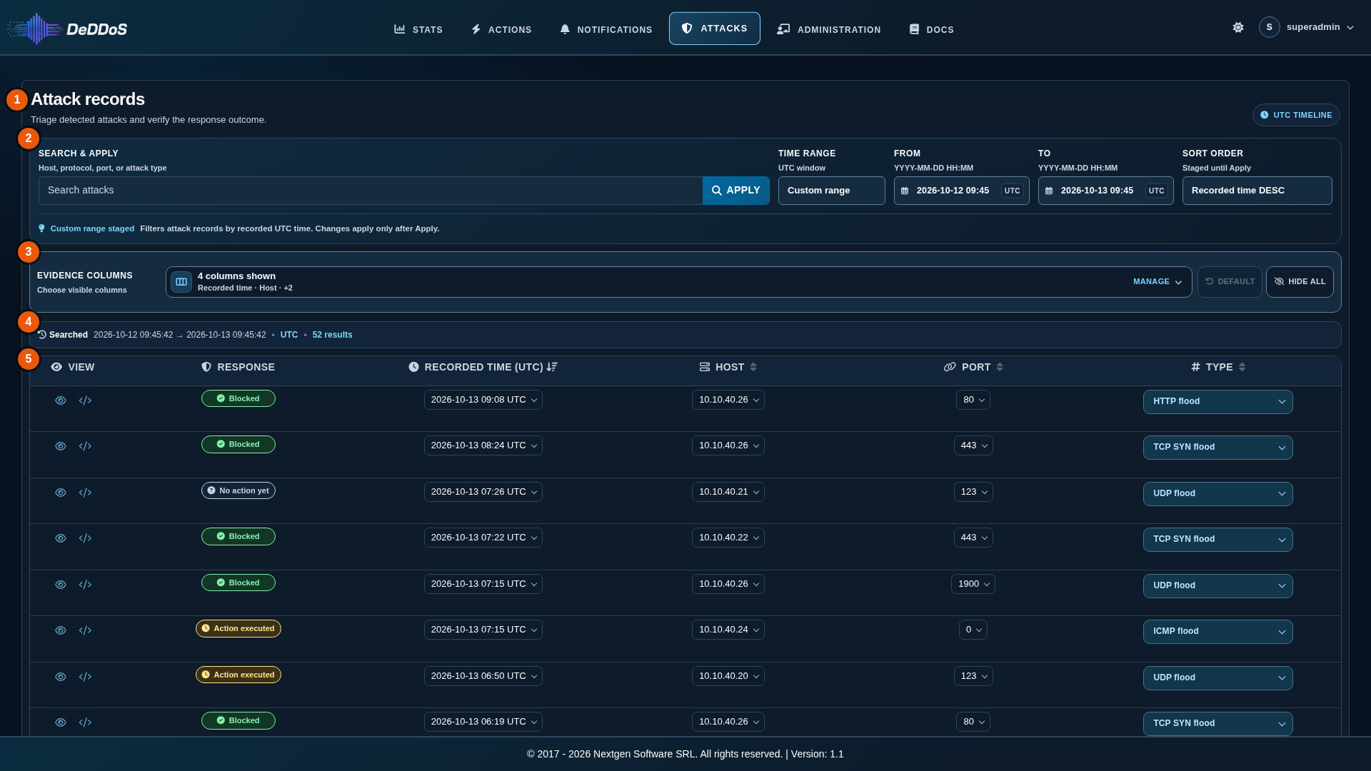 Attacks page main view