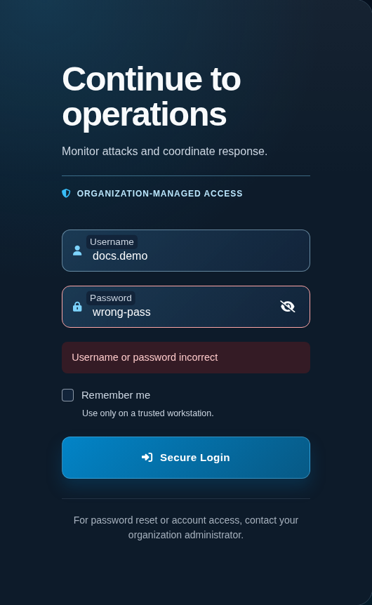 Login form after a failed login attempt, with the password revealed