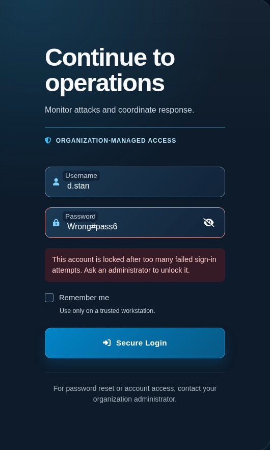 Login form showing the account lock message