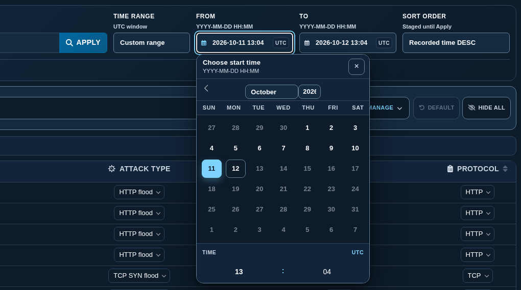 Custom range with the start-time calendar open
