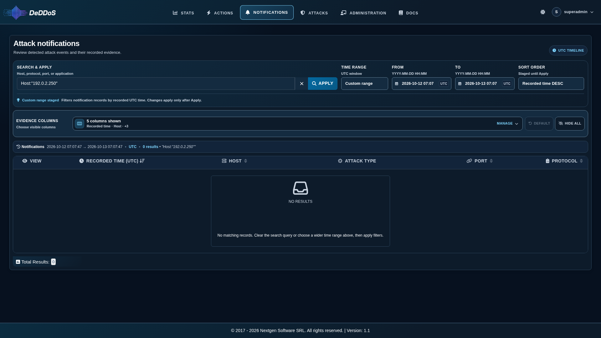 Notifications page with no matching records