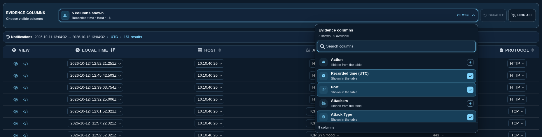 Evidence columns picker