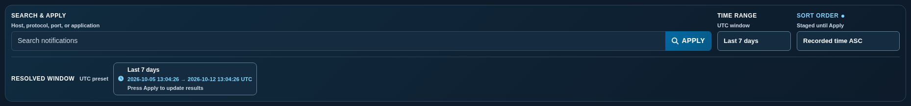 Filter deck with a preset range and a staged sort order