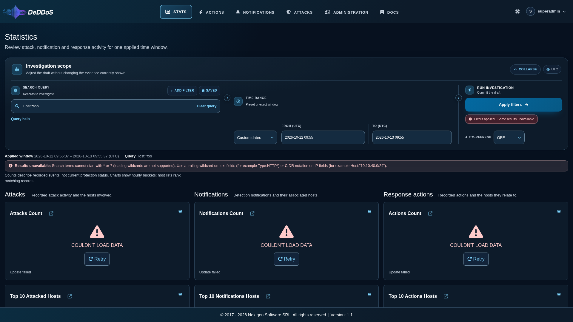 Stats page after applying the query Host:*foo