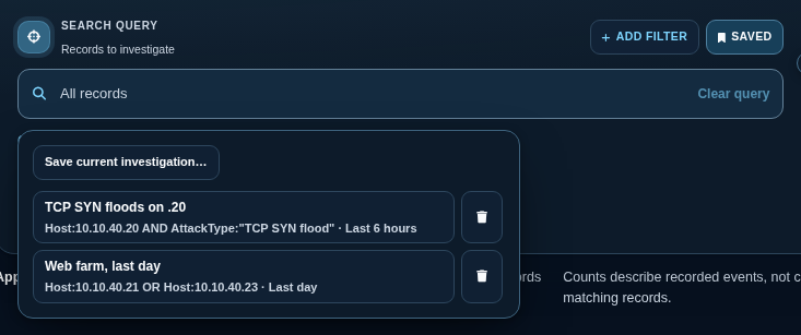 Saved investigations list