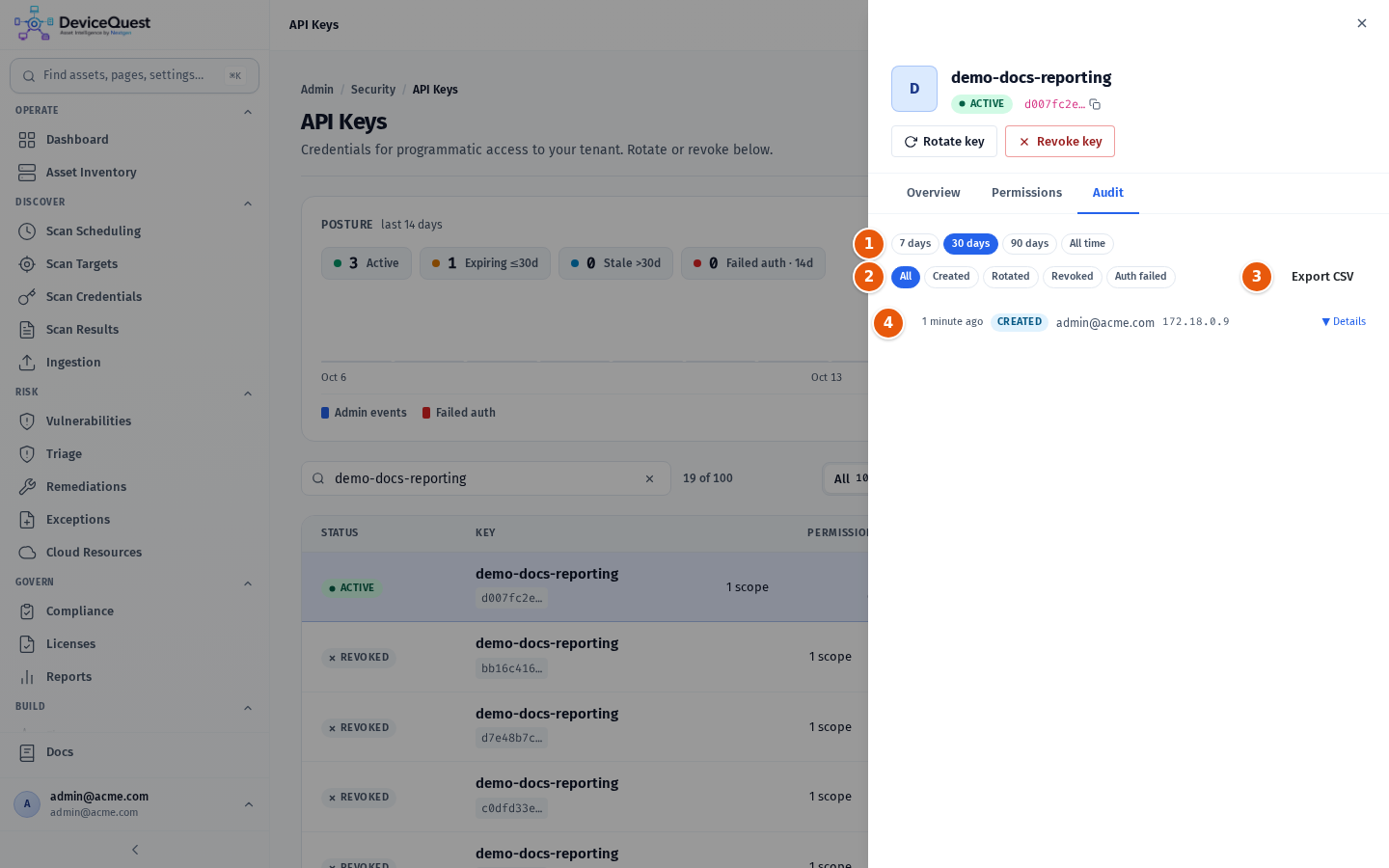 The Audit tab of an API key