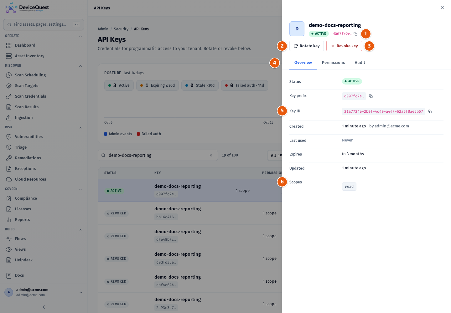 The details panel of an API key on the Overview tab