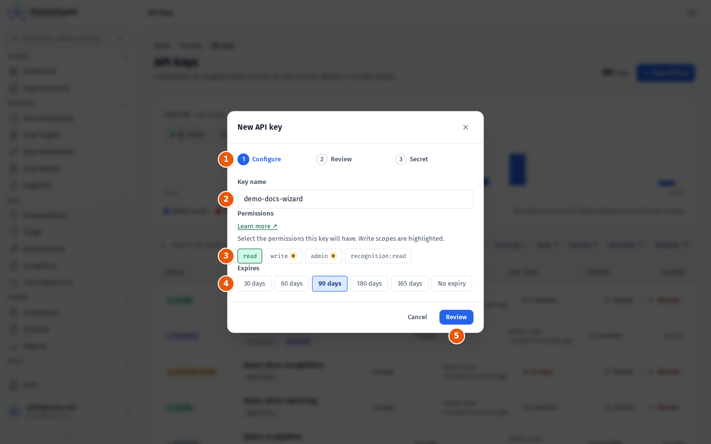 The Configure step of the New API key wizard