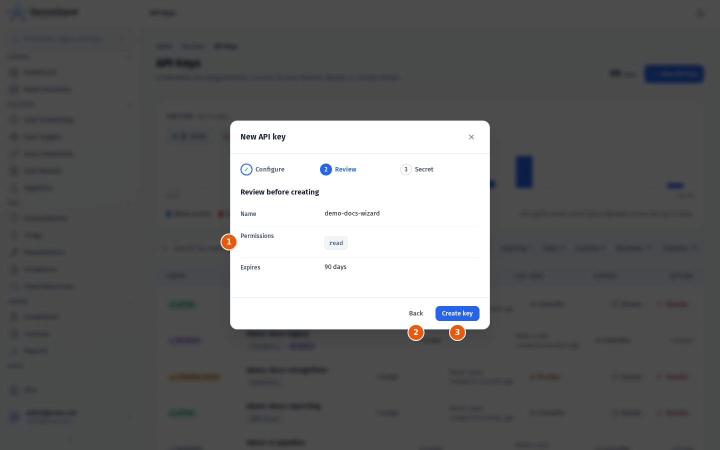 The Review step of the New API key wizard