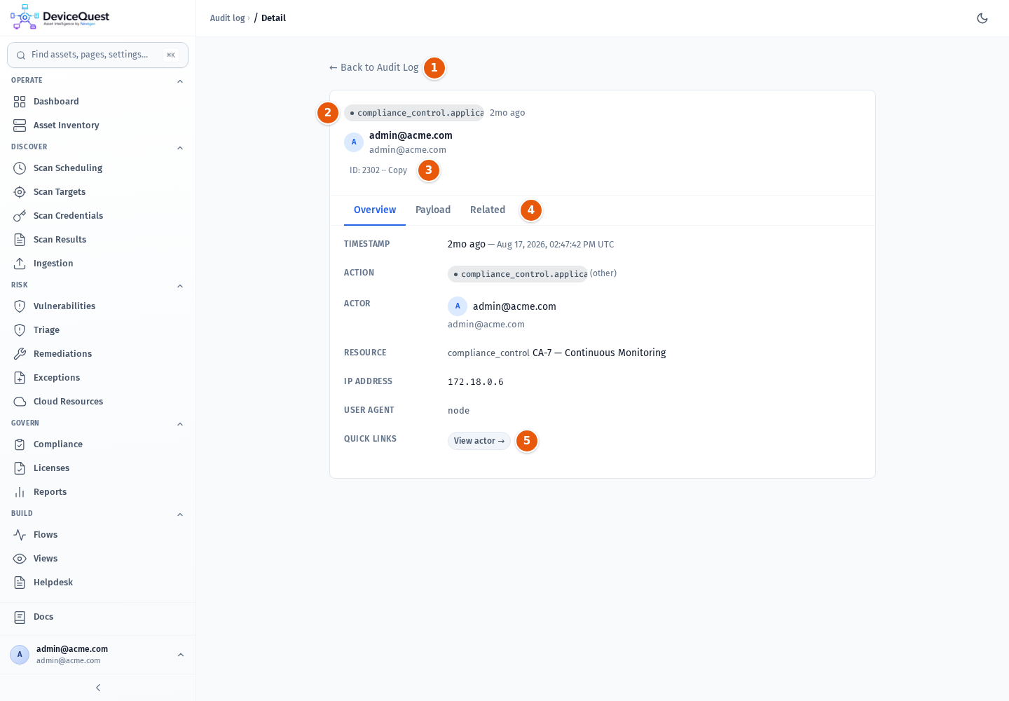 An audit event opened on its own page, on the Overview tab