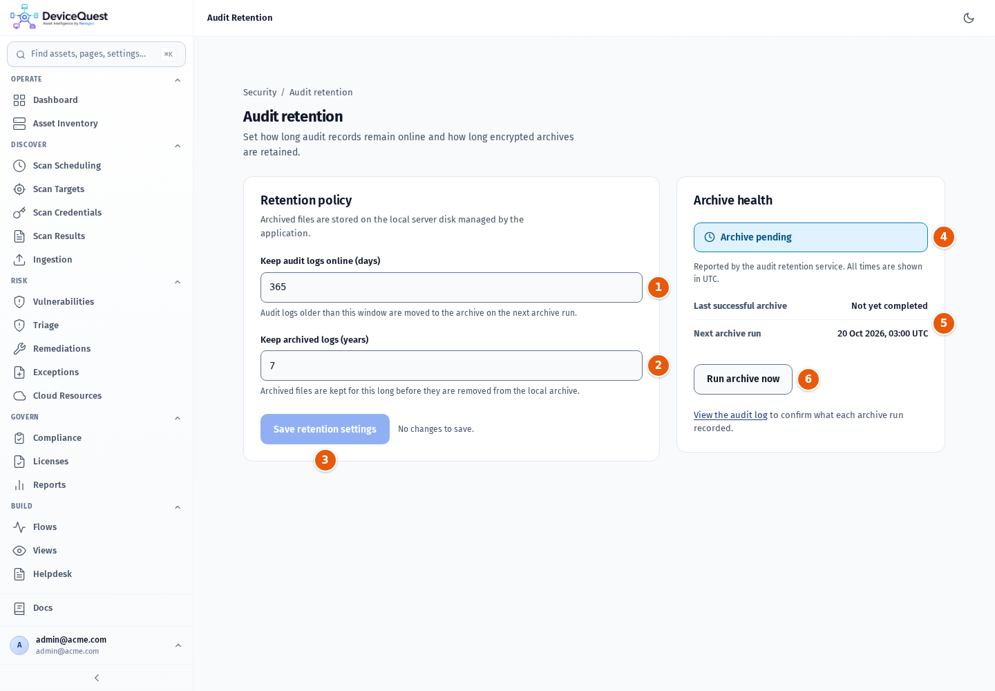 The Audit retention page with the Retention policy and Archive health cards