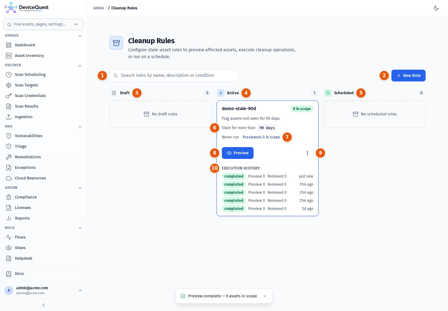 The Cleanup Rules board with one active rule, its preview count and execution history