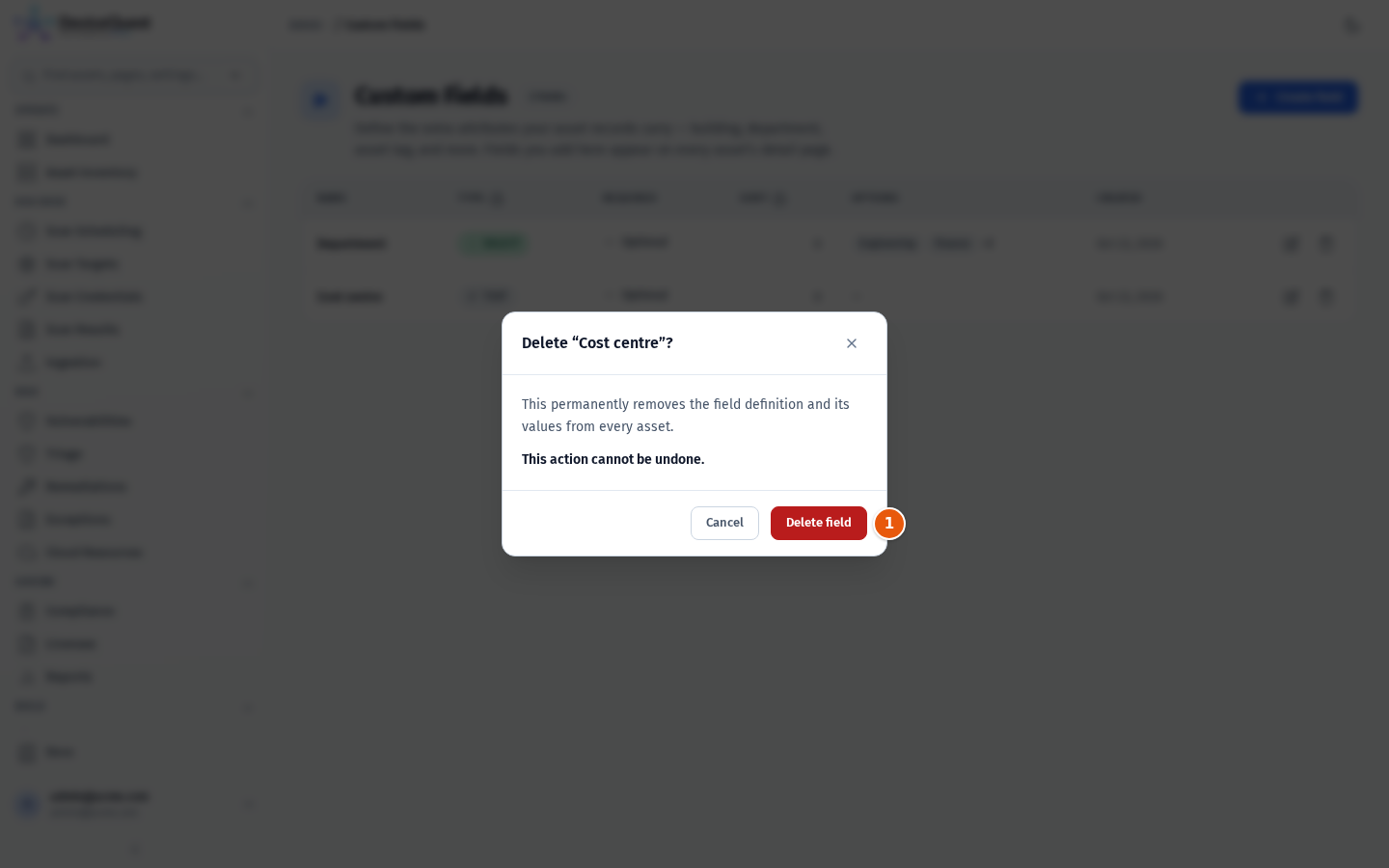 The delete confirmation for the Cost centre field