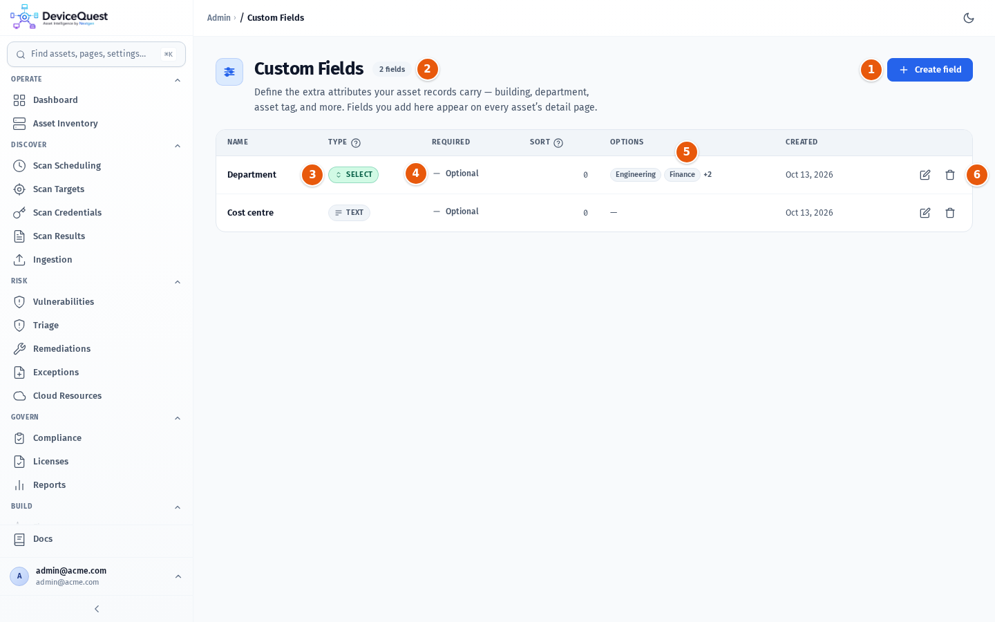 The Custom Fields page with the Department and Cost centre fields