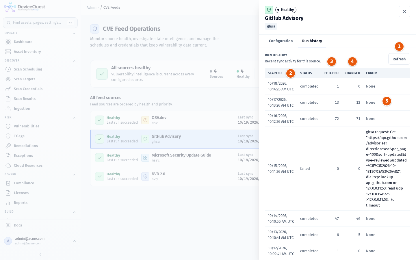 The Run history tab of the GitHub Advisory feed