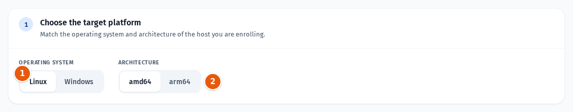 Step 1 with the operating system and architecture pickers