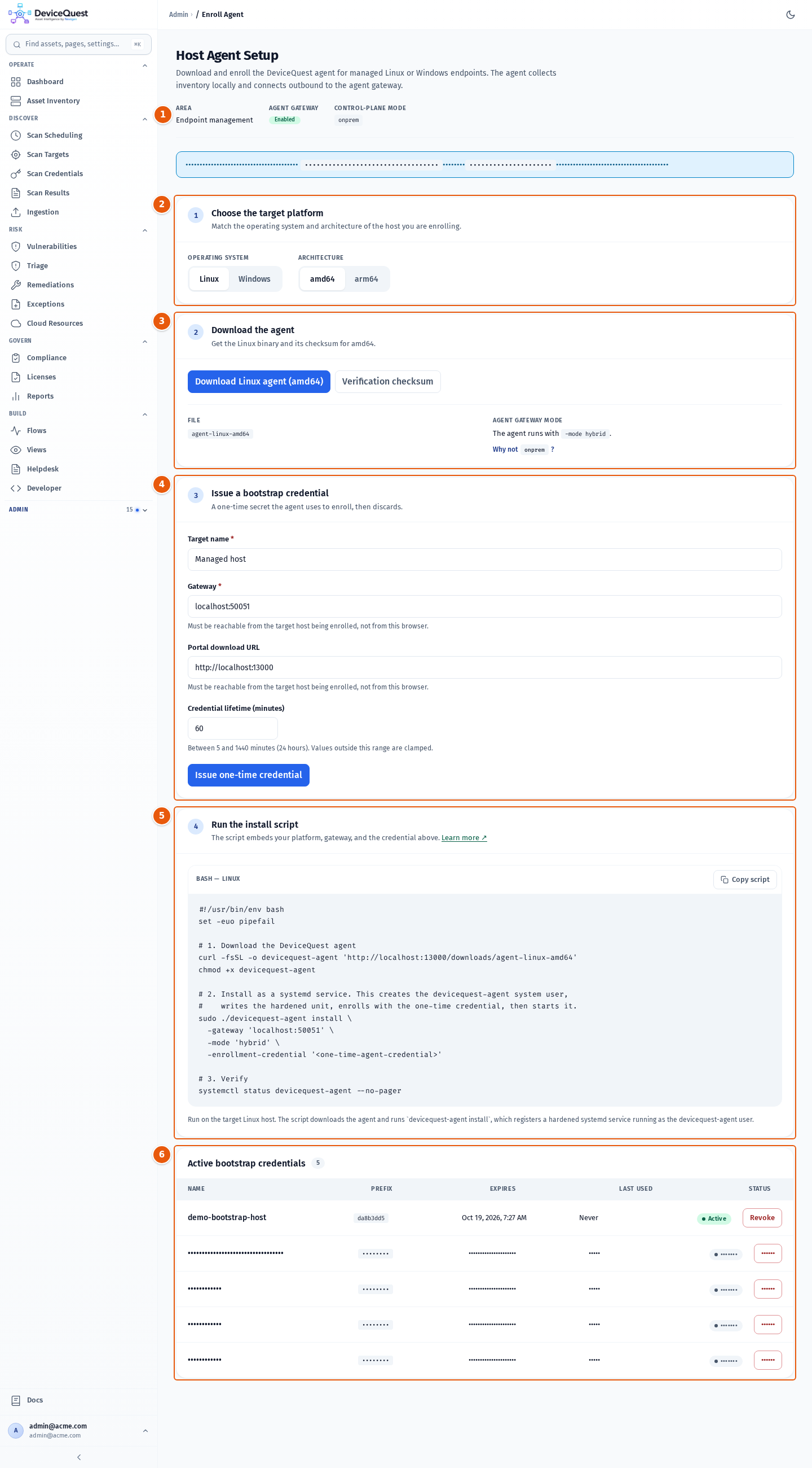 The Host Agent Setup page with its four steps and the credential list