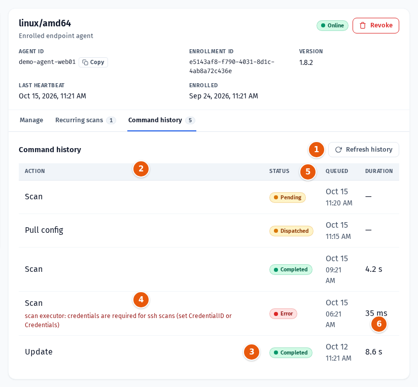 The Command history tab with commands in several statuses