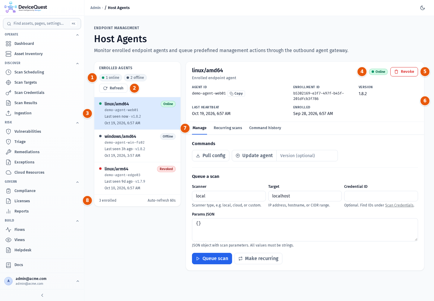 The Host Agents page with an online Linux agent selected