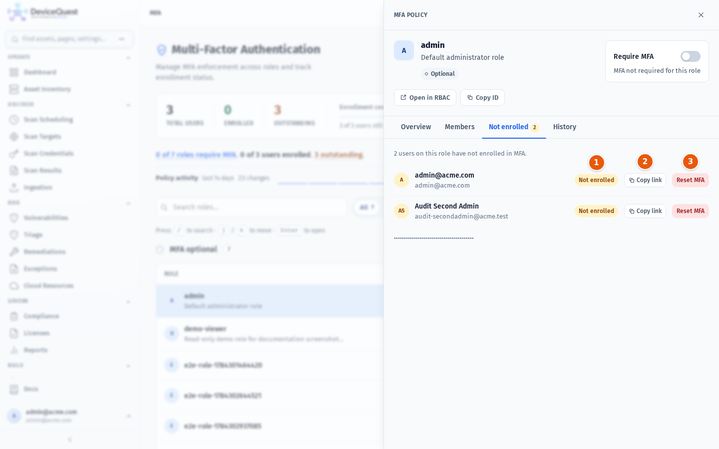 The Not enrolled tab with Copy link and Reset MFA