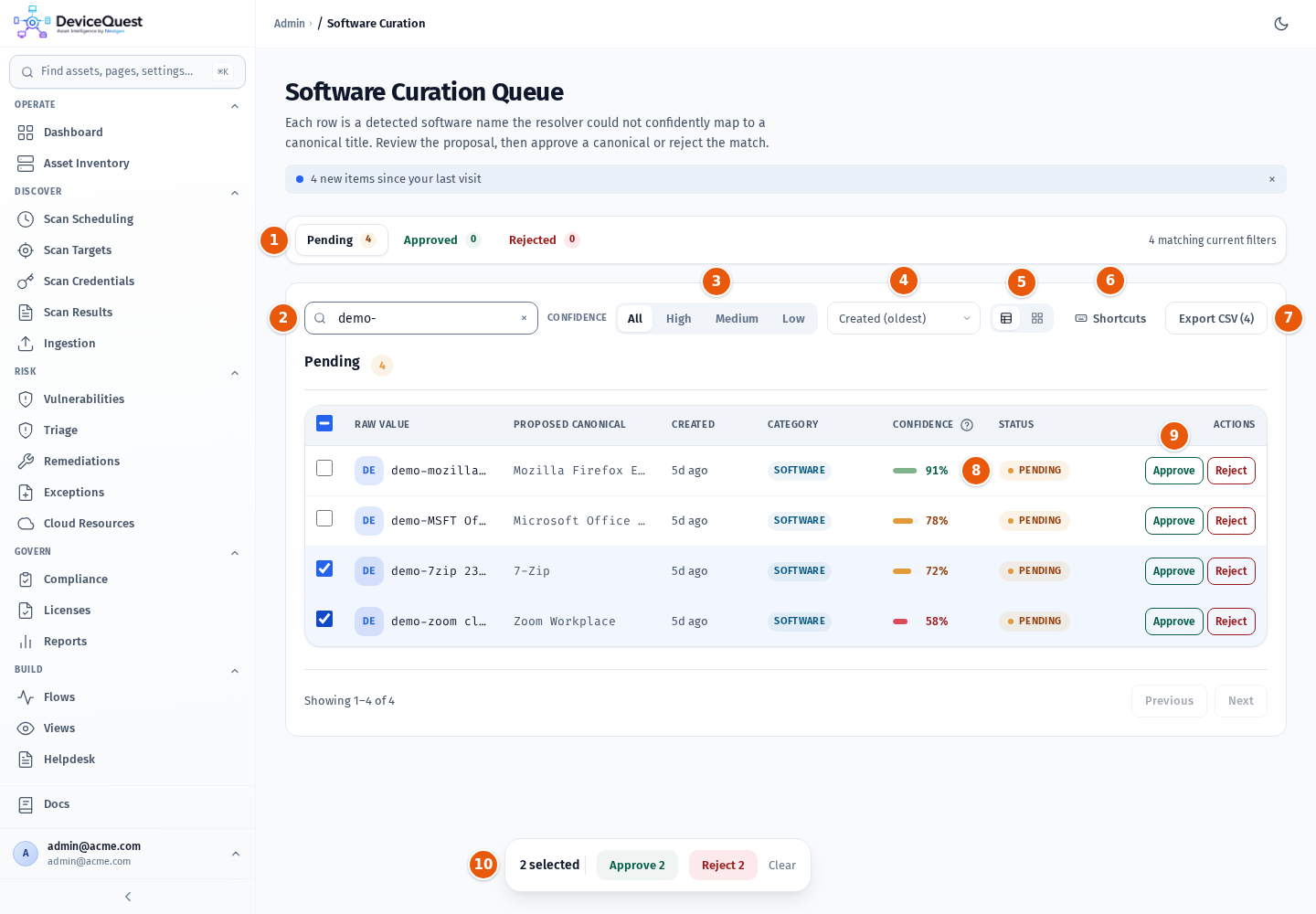 The Software Curation Queue with two pending items selected
